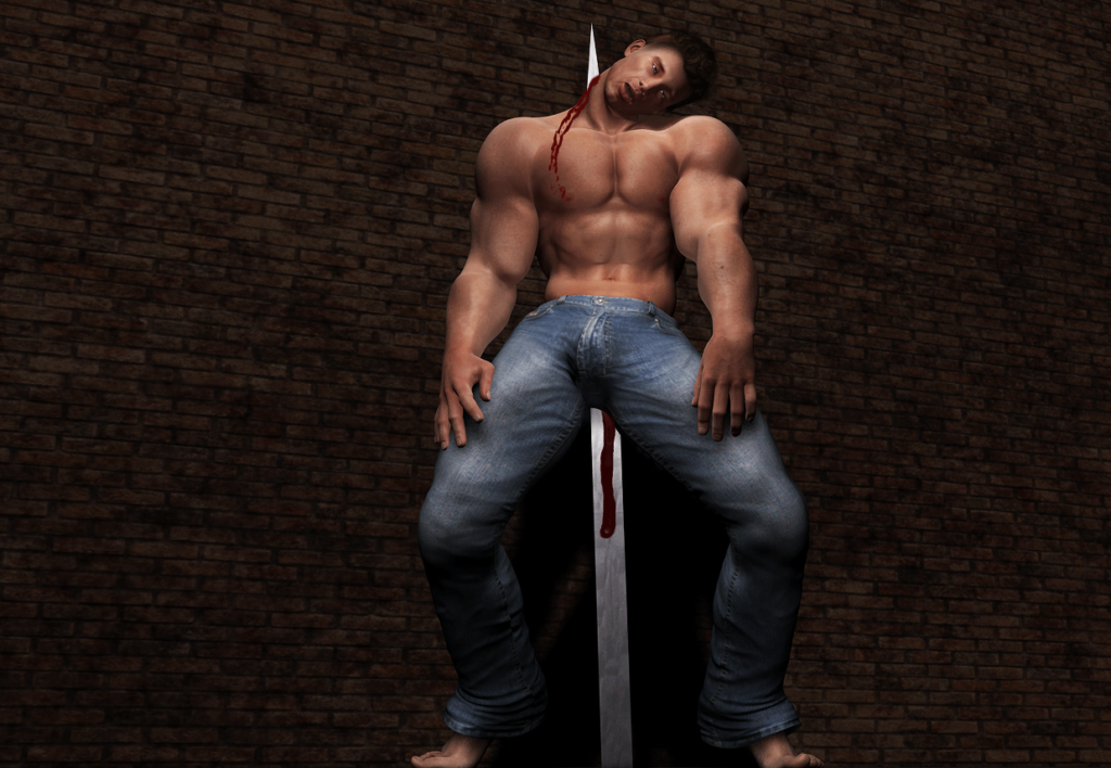 khazouk impalement of a masculine man wearing only tight blue jeans