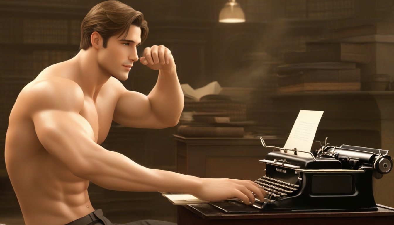 shirtless man sitting at keyboard